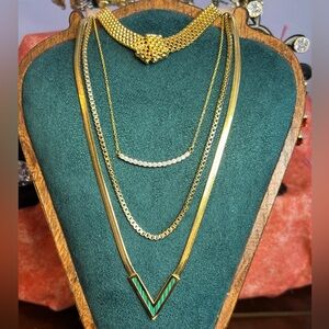 Gold-filled Layered Green V Herringbone Necklace w/ Layered Necklaces